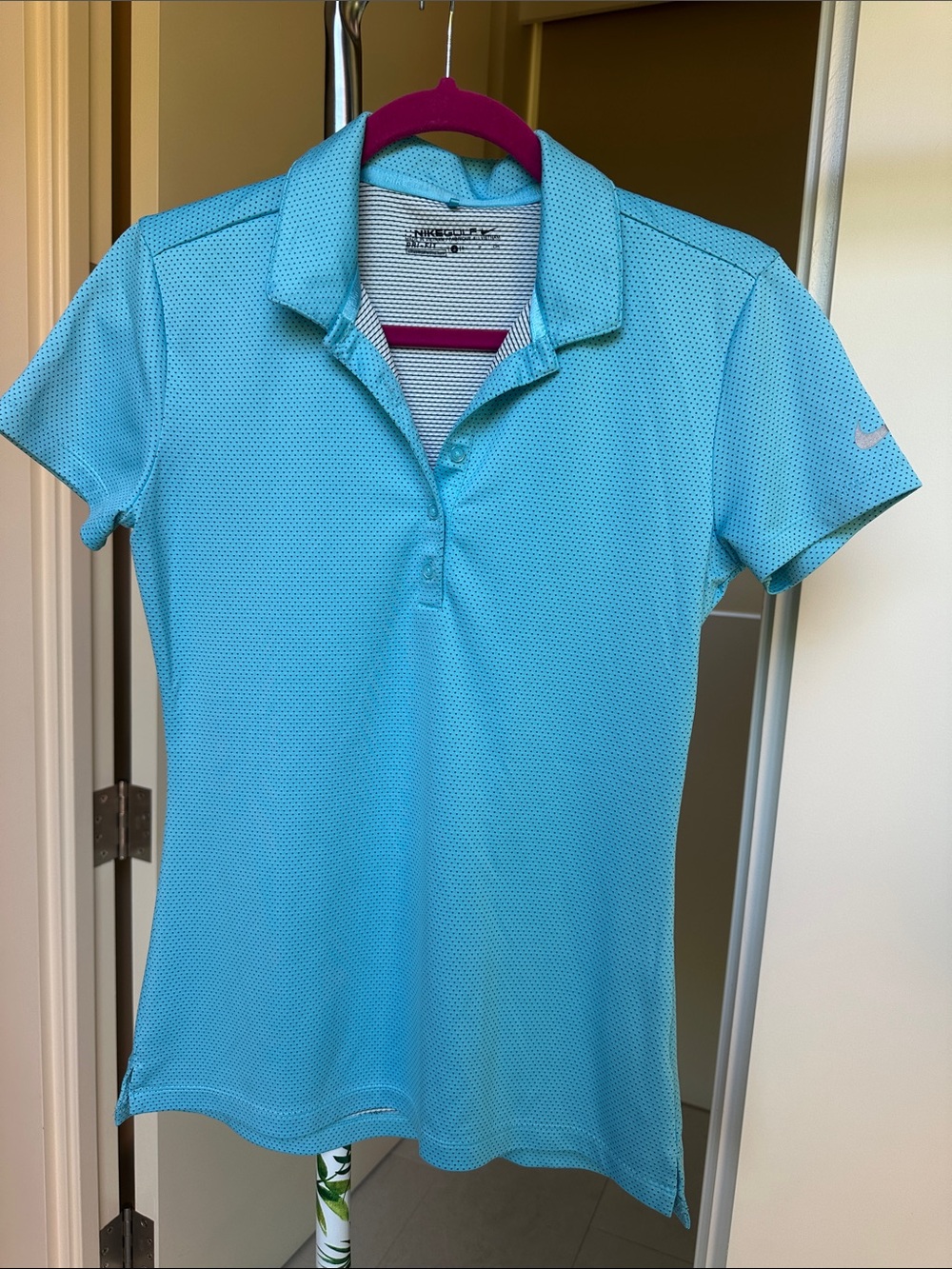 Small Nike Women’s Aqua Blue Short-Sleeve Polo with Tiny Black Dots